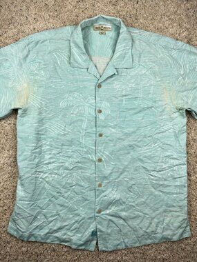 Tommy Bahama Shirt Adult Large Blue Button Up Hawaiian Silk Camp Mens * Stains